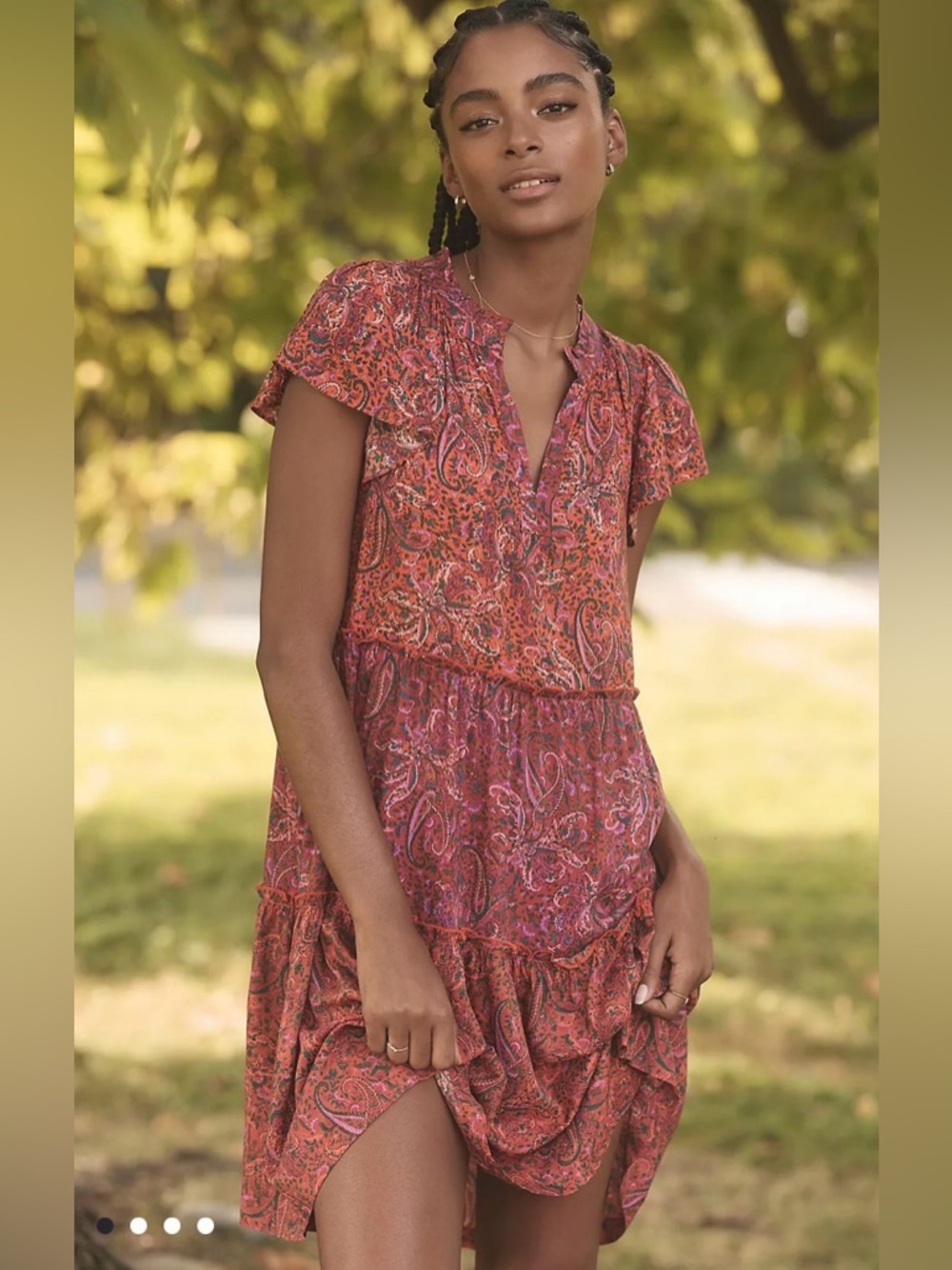 By Anthropologie Ruffle Sleeve Mini Dress ORANGE MOTIF Bohemian Western Small